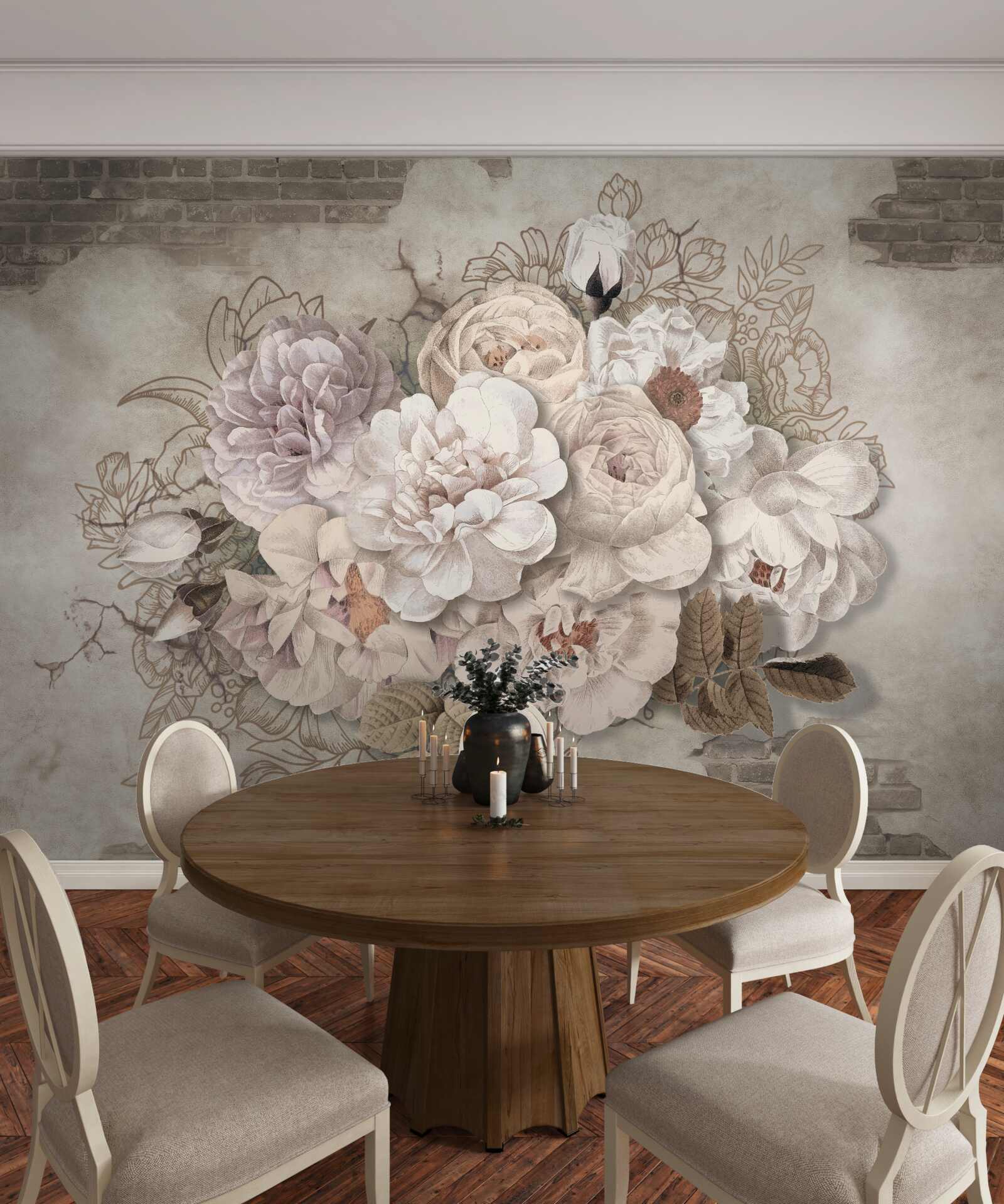 Фотошпалери чудові великі троянди на цегляній стіні