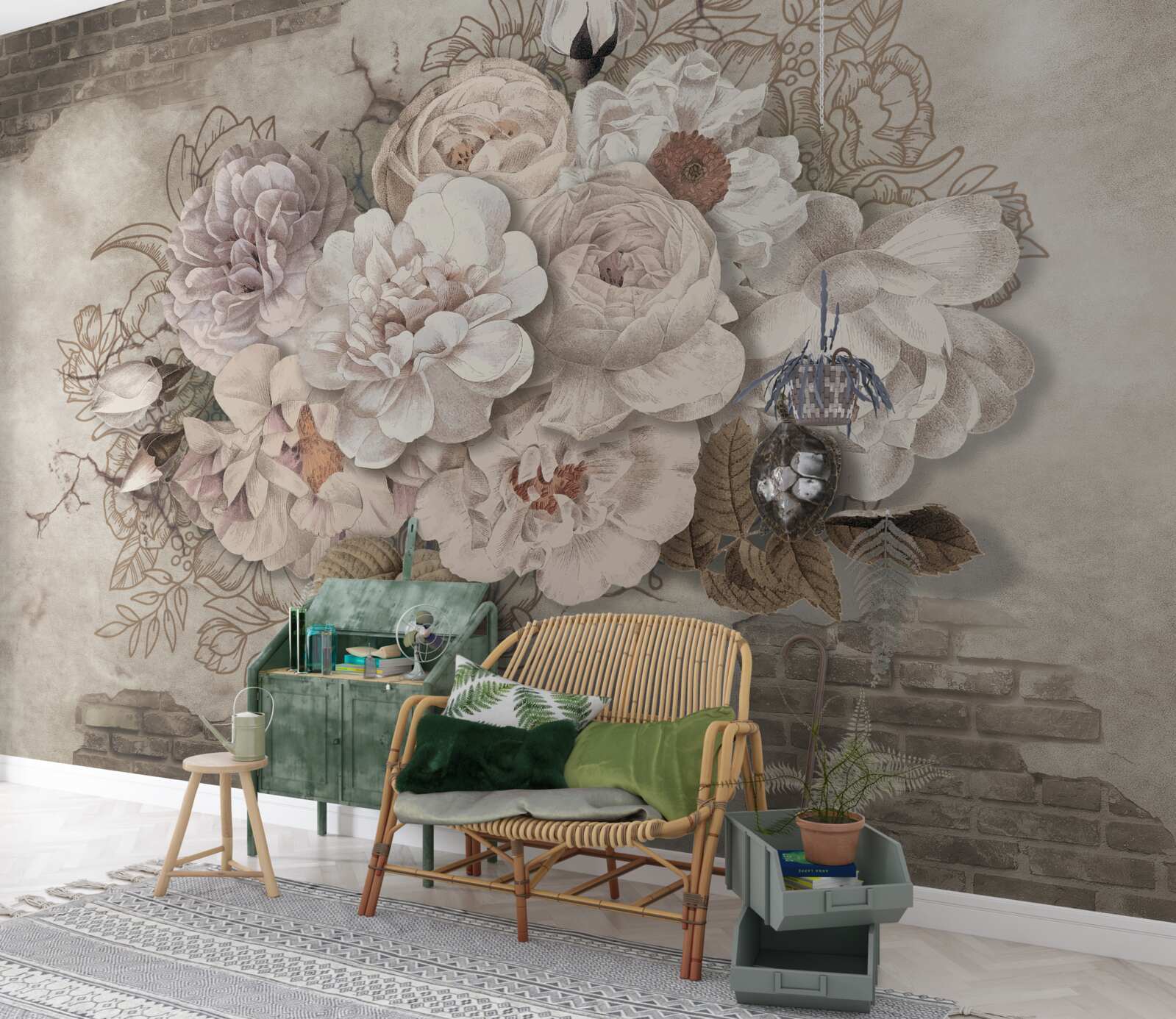 Фотошпалери чудові великі троянди на цегляній стіні