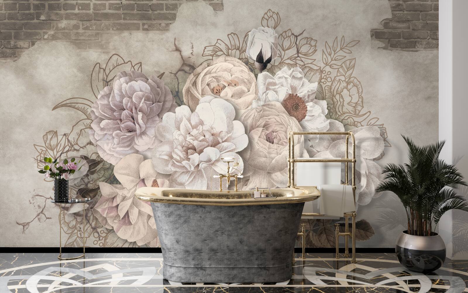 Фотошпалери чудові великі троянди на цегляній стіні