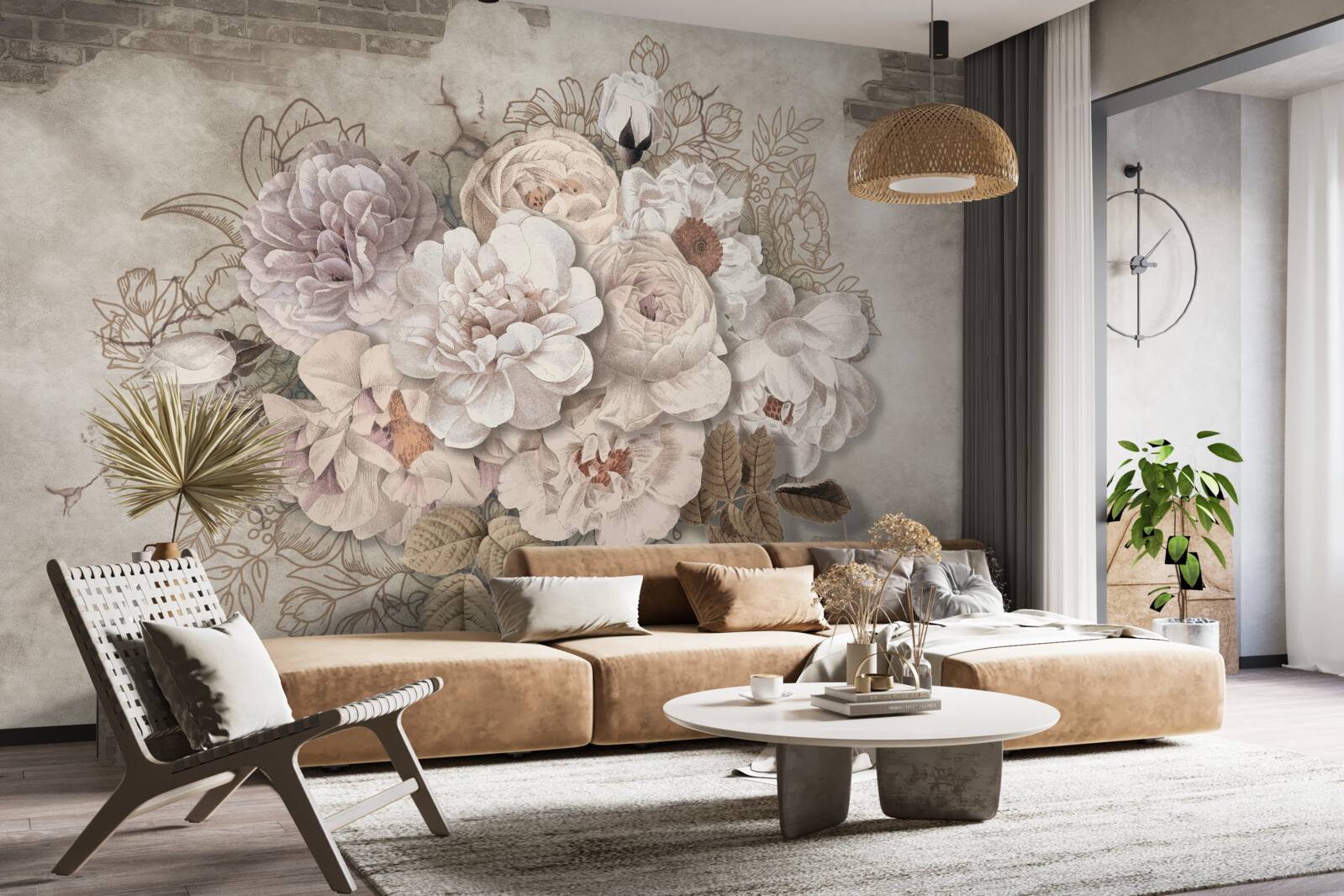 Фотошпалери чудові великі троянди на цегляній стіні