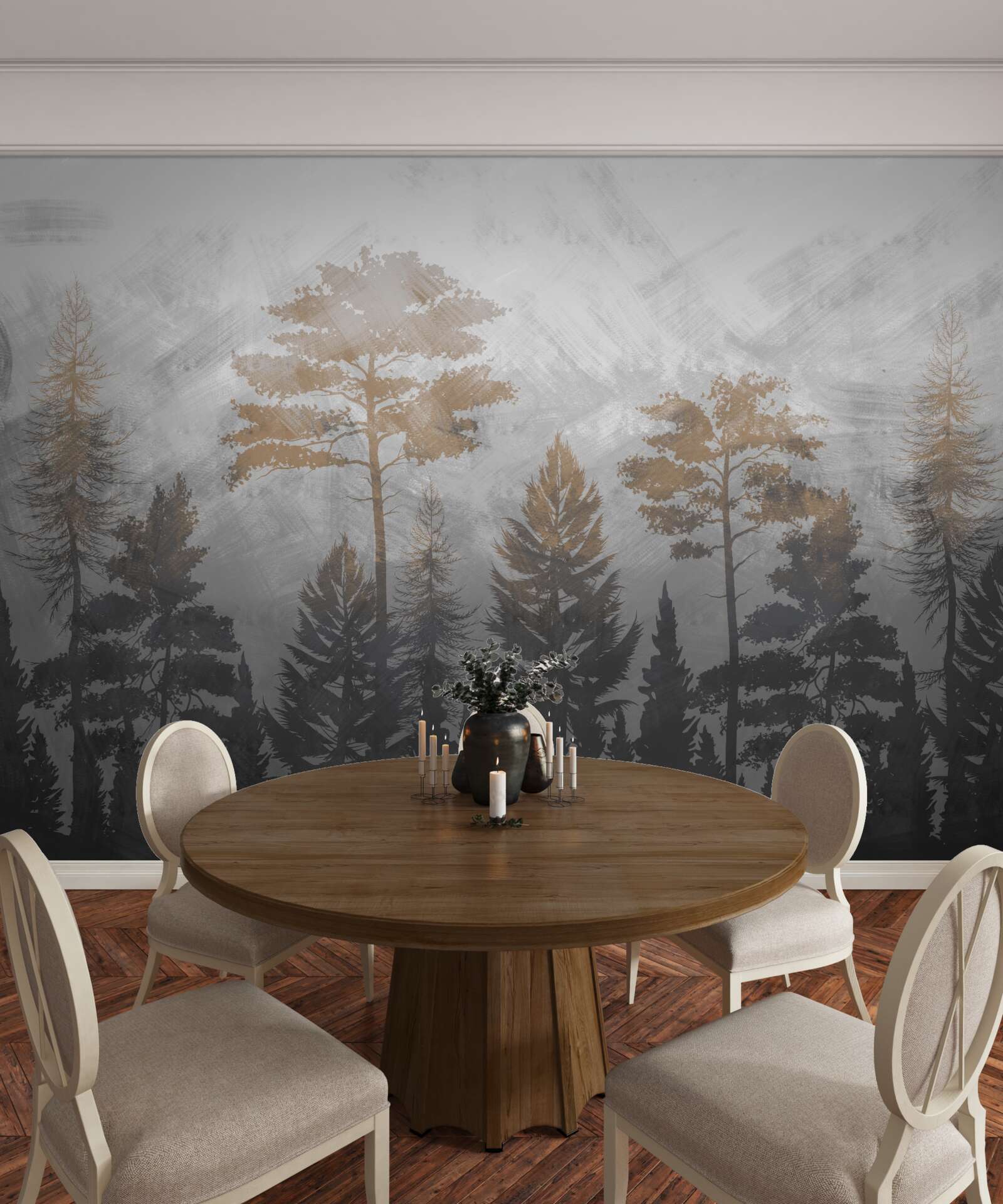 Фотошпалери сонце просвічує крізь лісовий туман