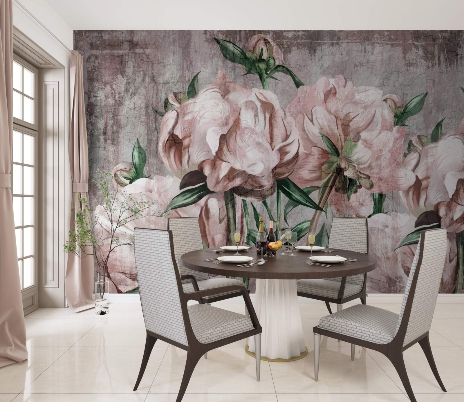 Фотошпалери бетонна стіна прикрашена пастельними трояндами