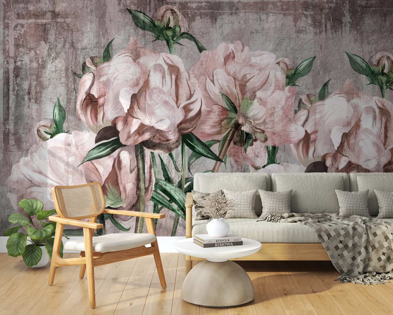 Фотошпалери бетонна стіна прикрашена пастельними трояндами