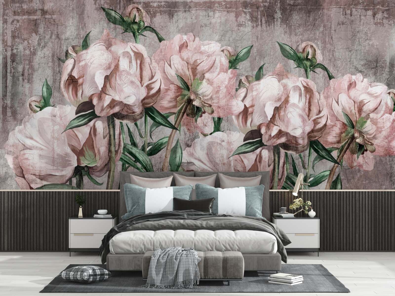 Фотошпалери бетонна стіна прикрашена пастельними трояндами