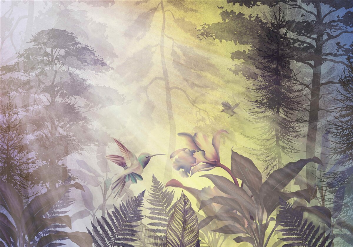 Фотошпалери ліс листяних дерев під сонячними променями