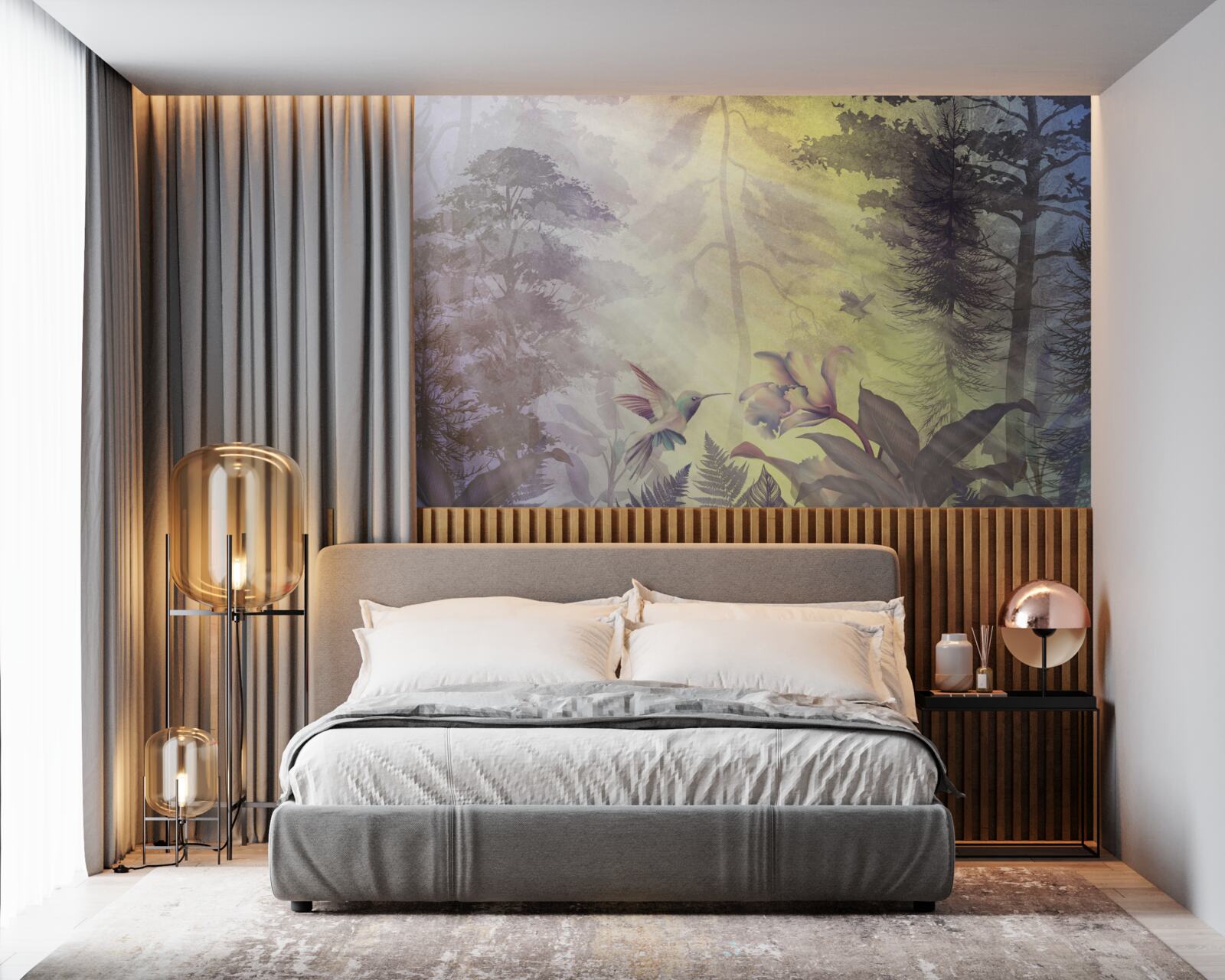 Фотошпалери ліс листяних дерев під сонячними променями