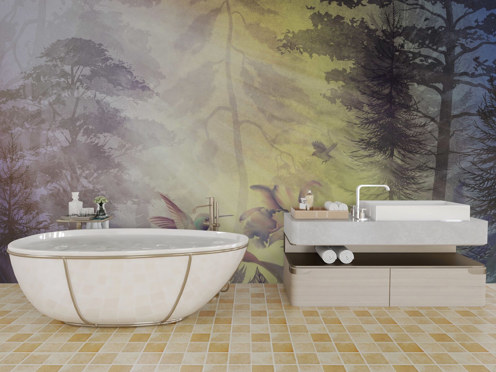 Фотошпалери ліс листяних дерев під сонячними променями