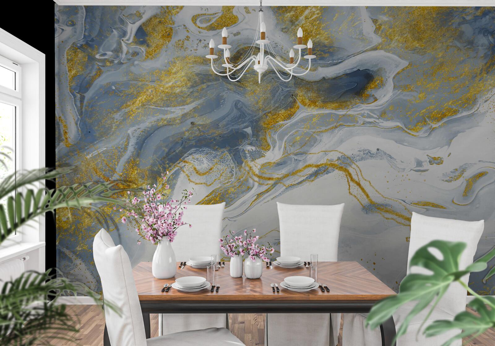 Фотошпалери блакитний мармур із золотою інкрустацією