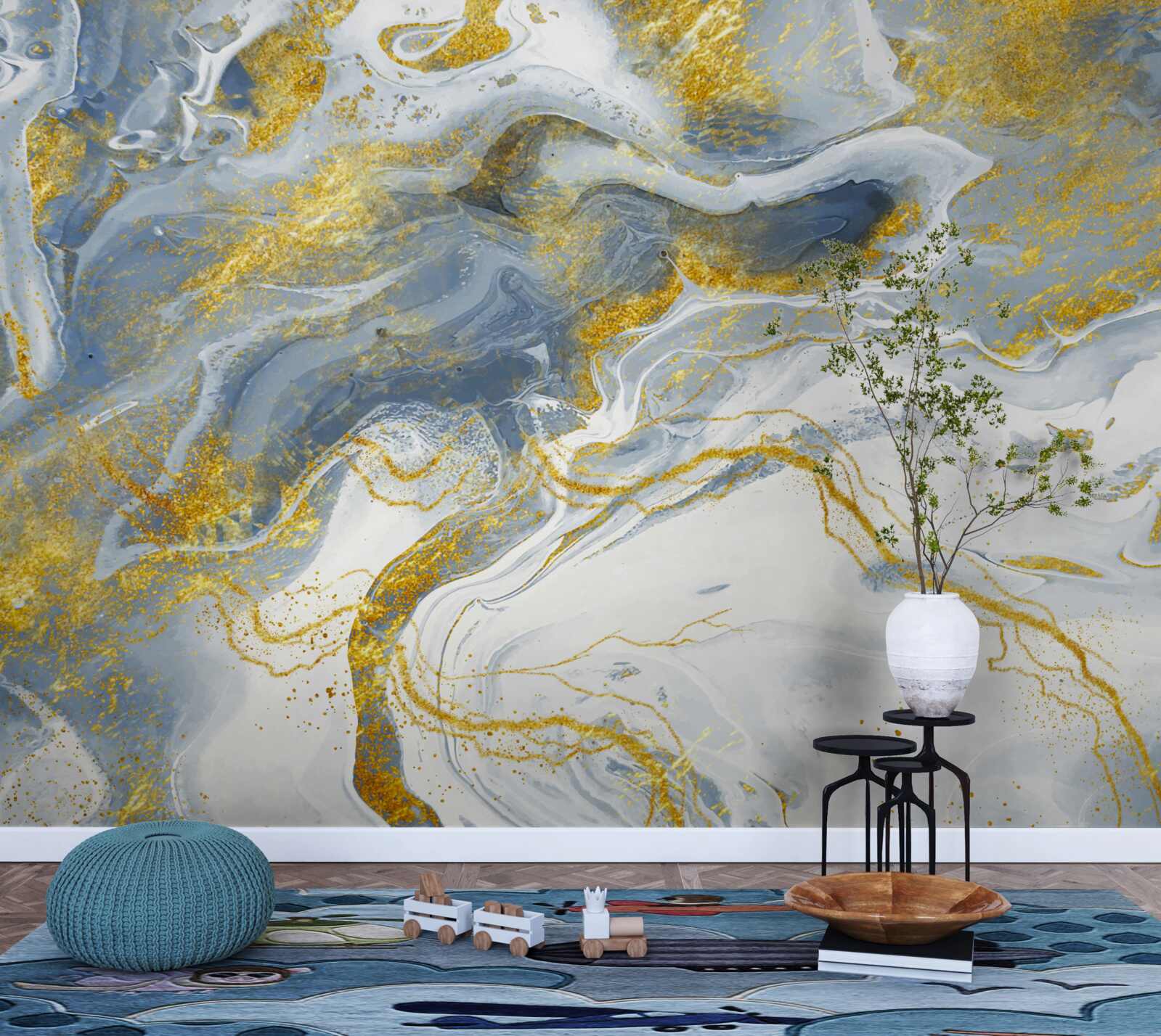 Фотошпалери блакитний мармур із золотою інкрустацією