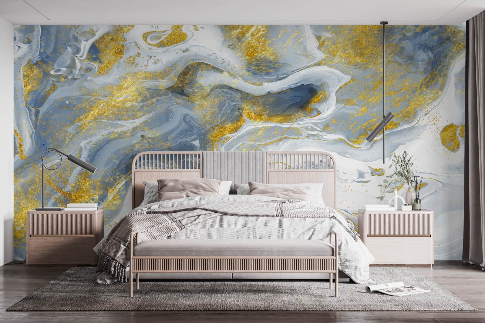 Фотошпалери блакитний мармур із золотою інкрустацією