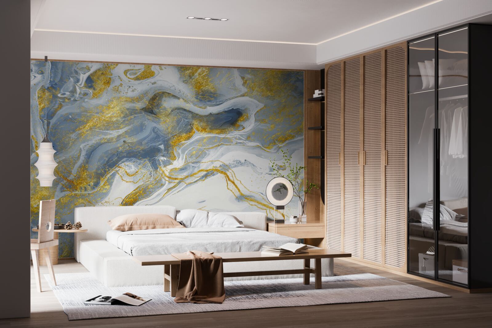 Фотошпалери блакитний мармур із золотою інкрустацією