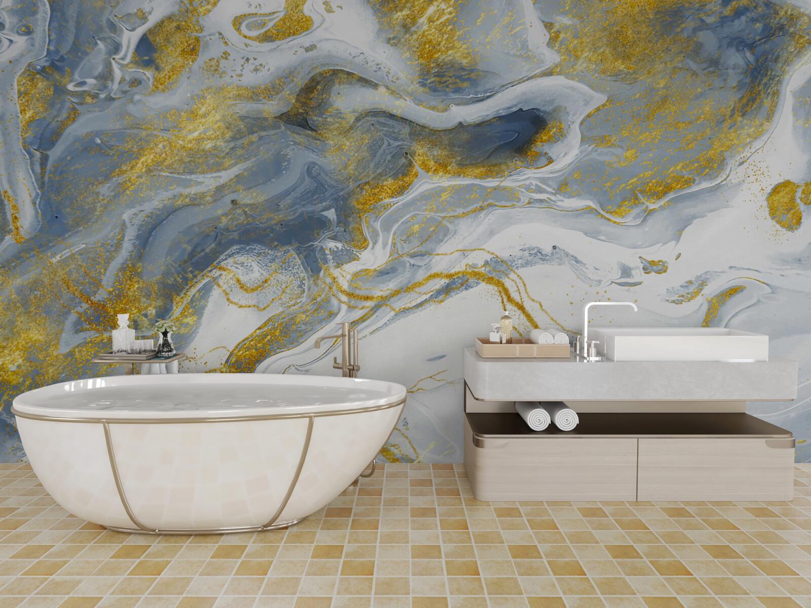 Фотошпалери блакитний мармур із золотою інкрустацією