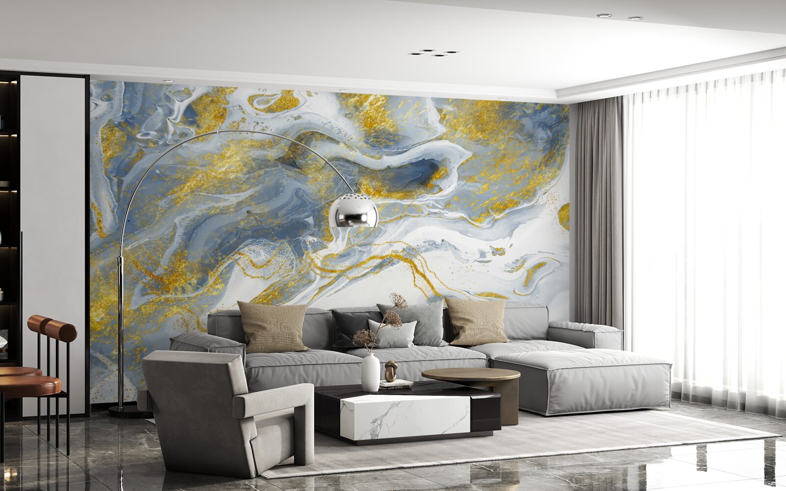 Фотошпалери блакитний мармур із золотою інкрустацією