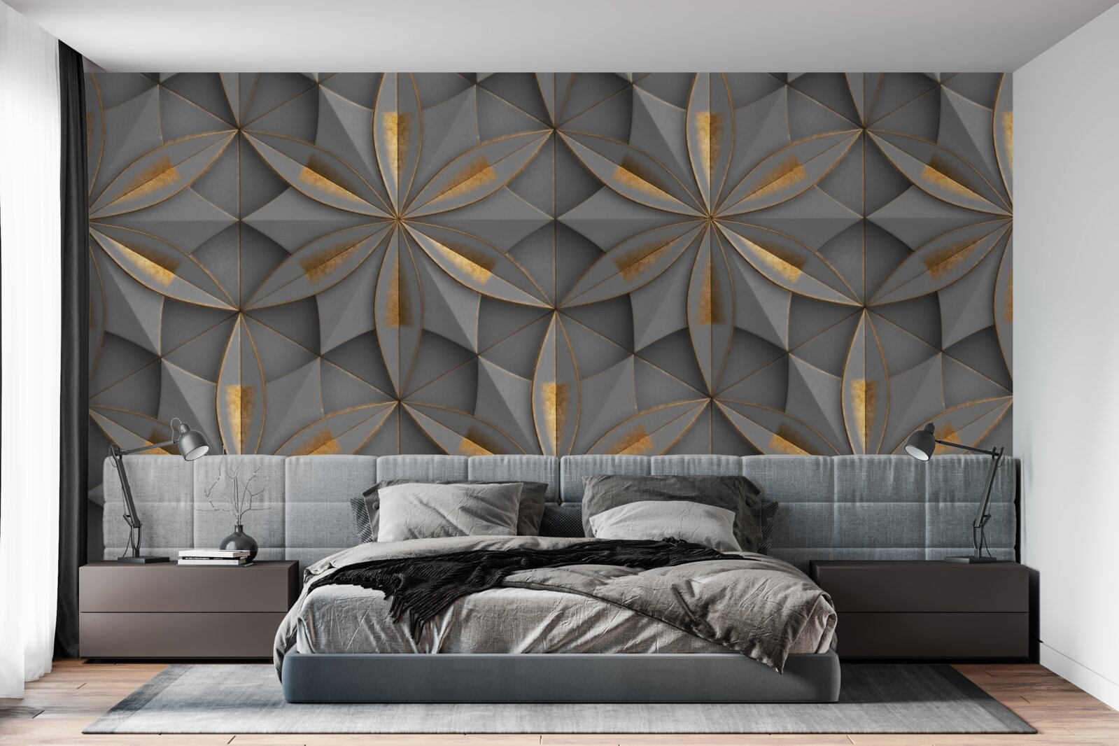 Фотошпалери квітки сірого кольору із золотистим наземним візерунком