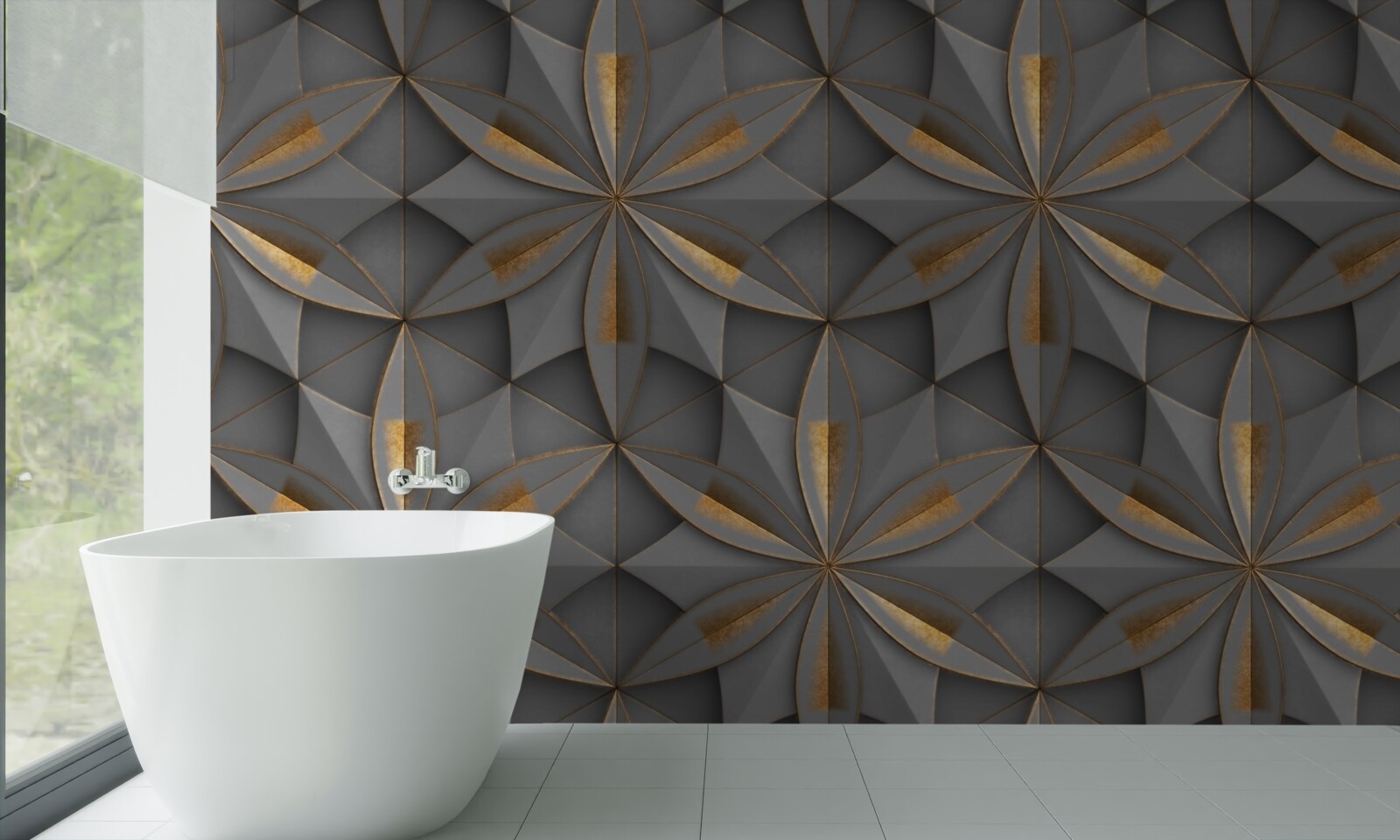 Фотошпалери квітки сірого кольору із золотистим наземним візерунком