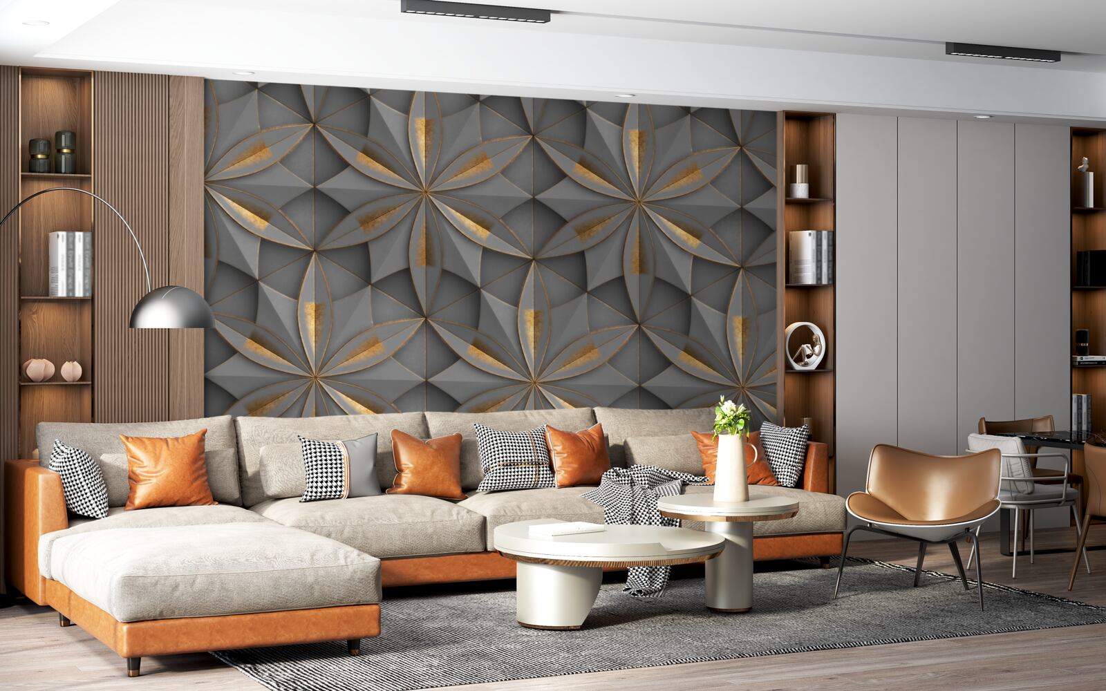 Фотошпалери квітки сірого кольору із золотистим наземним візерунком