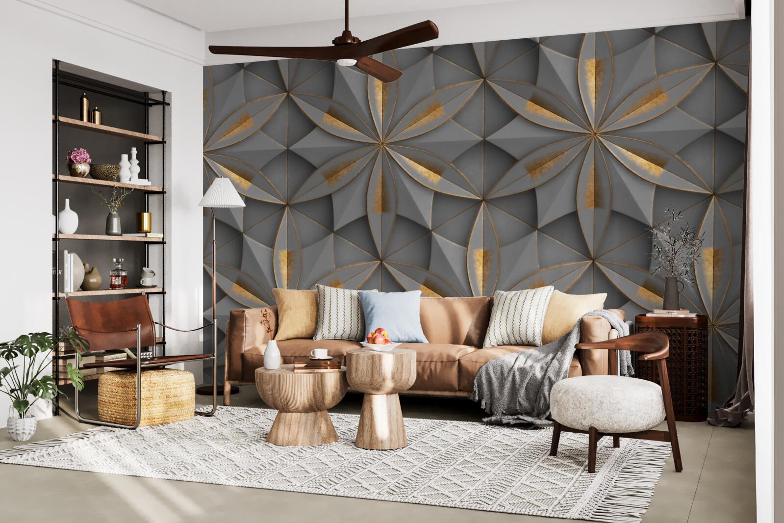 Фотошпалери квітки сірого кольору із золотистим наземним візерунком