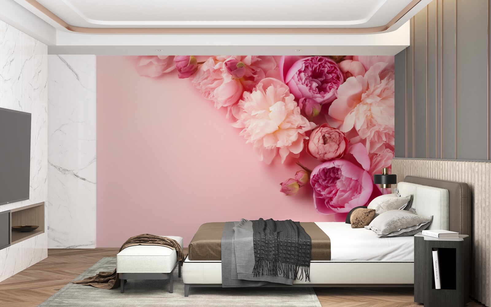 Фотошпалери різні рожеві квіти на тлі одного відтінку