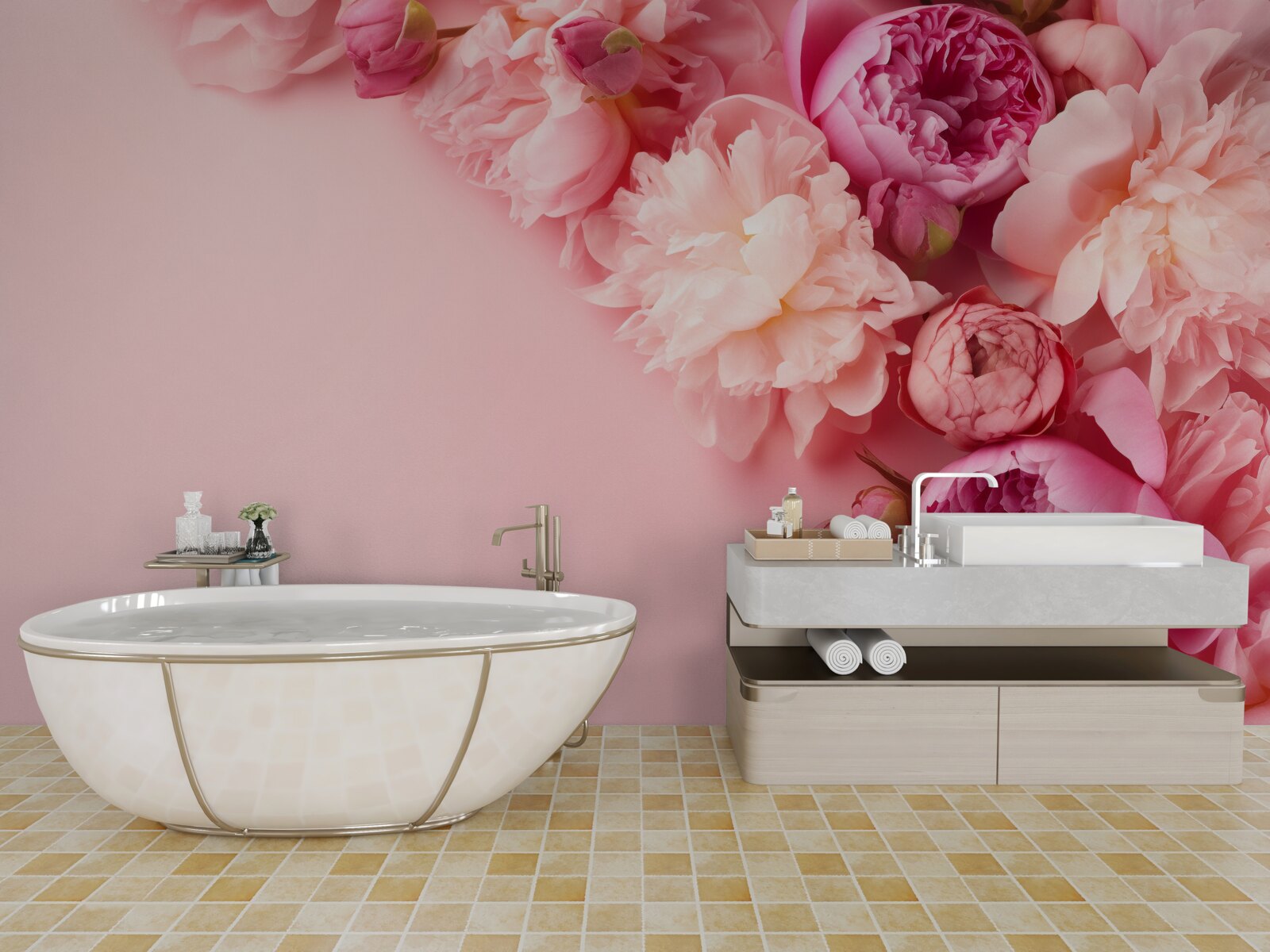 Фотошпалери різні рожеві квіти на тлі одного відтінку