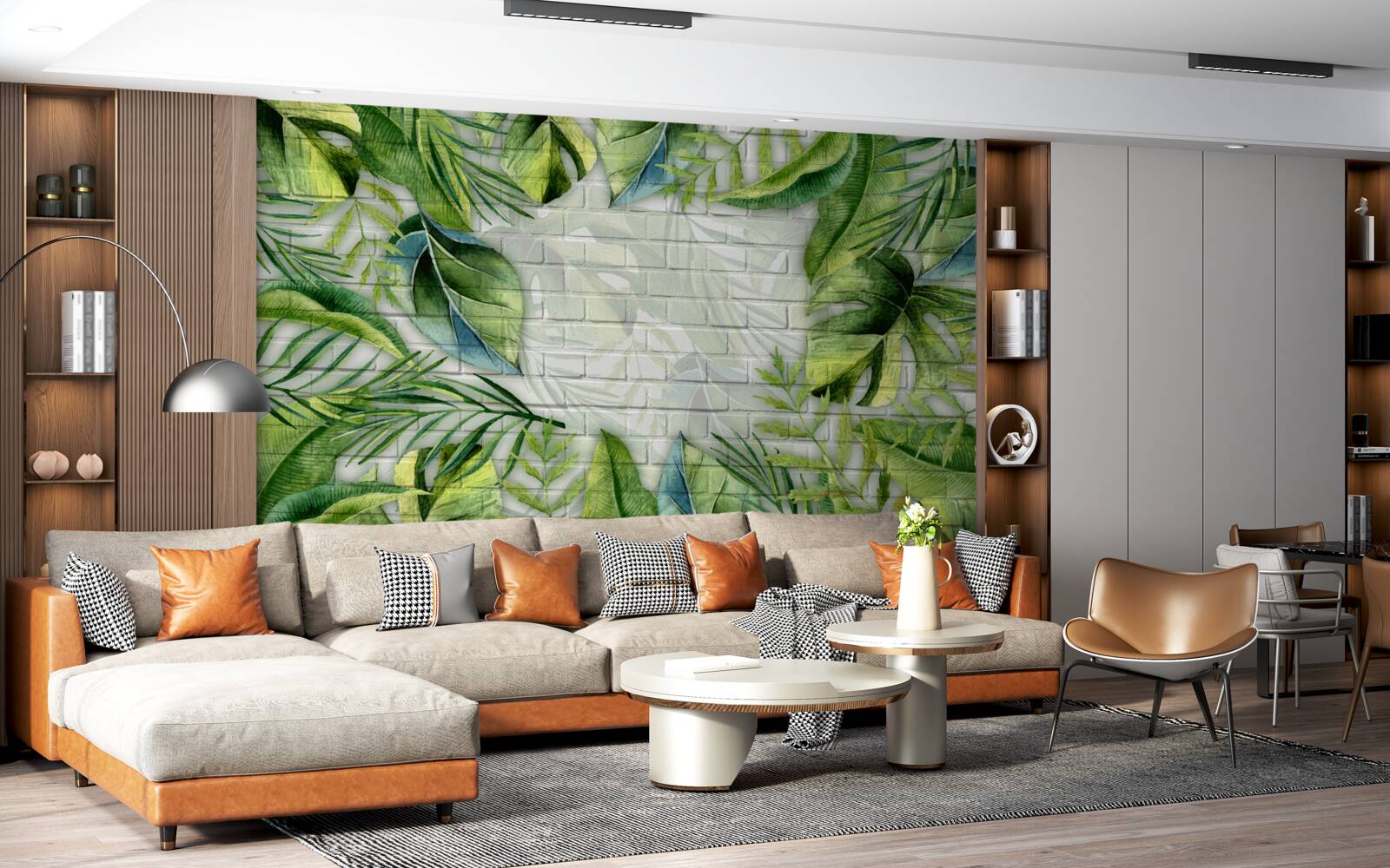 Фотошпалери тропічна зелень на цегляній стіні