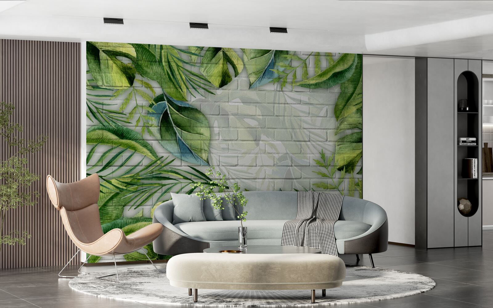 Фотошпалери тропічна зелень на цегляній стіні