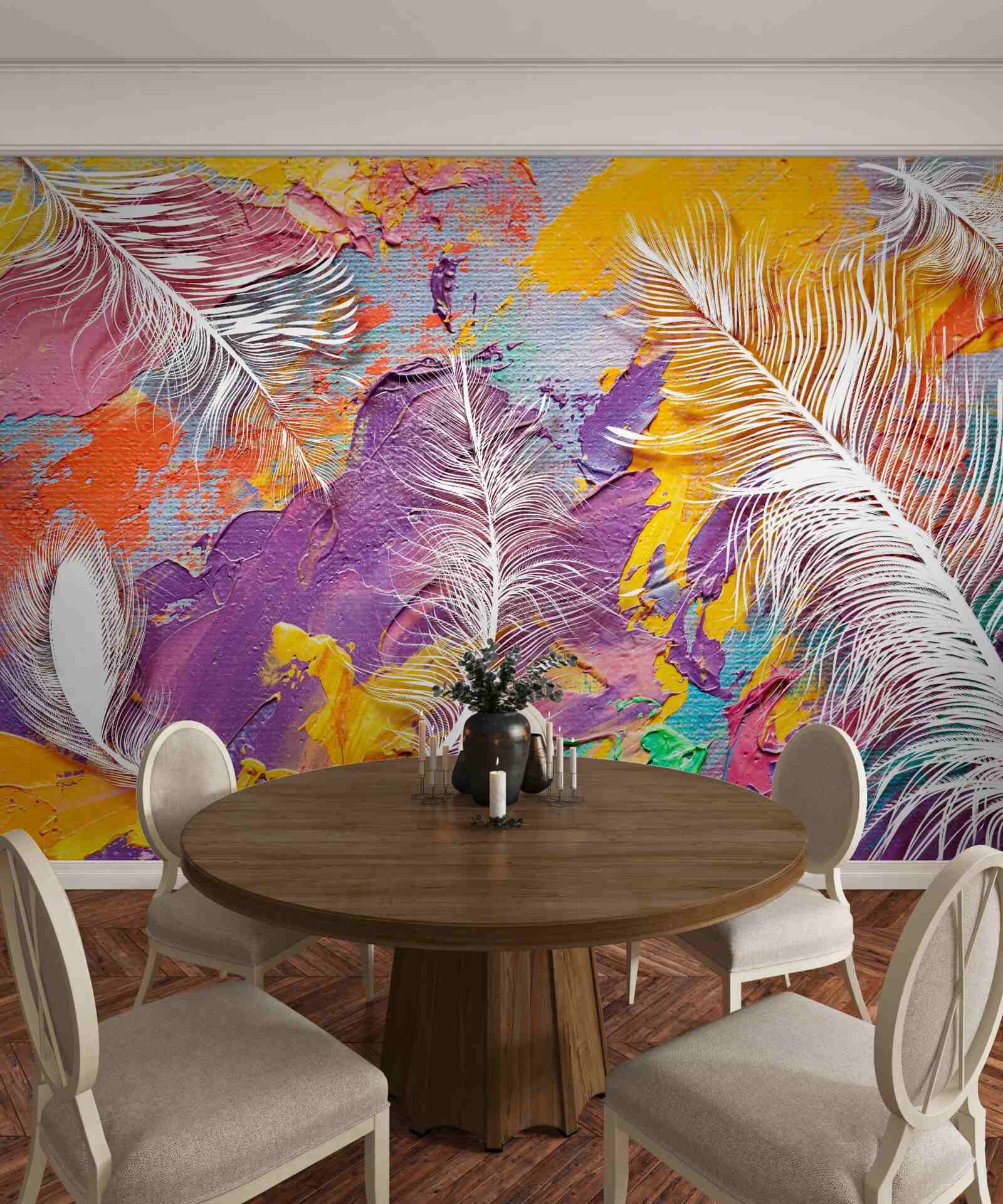 Фотошпалери інтенсивні відтінки та біле пір'я