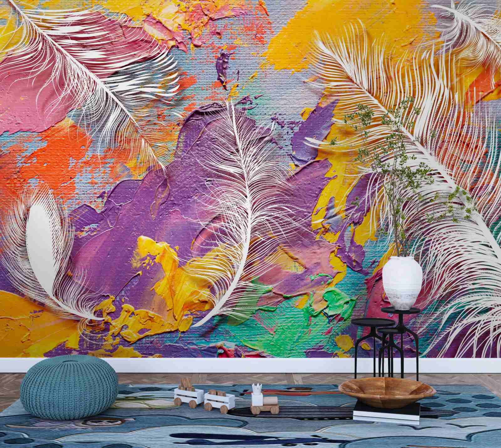 Фотошпалери інтенсивні відтінки та біле пір'я