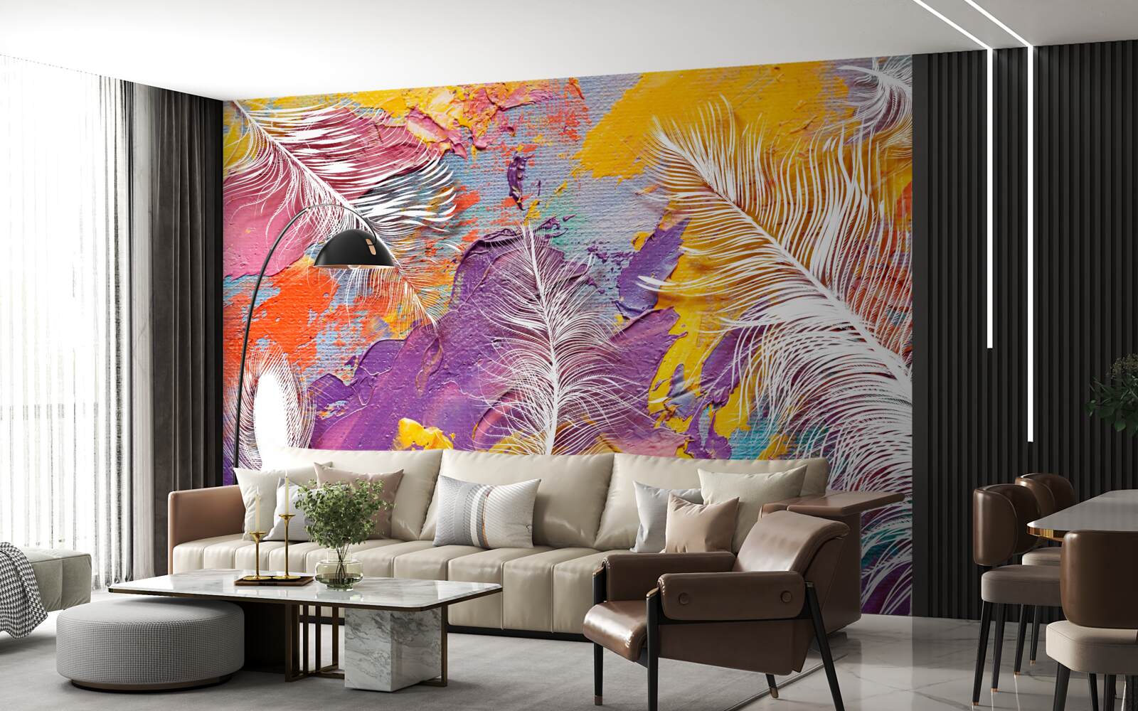 Фотошпалери інтенсивні відтінки та біле пір'я