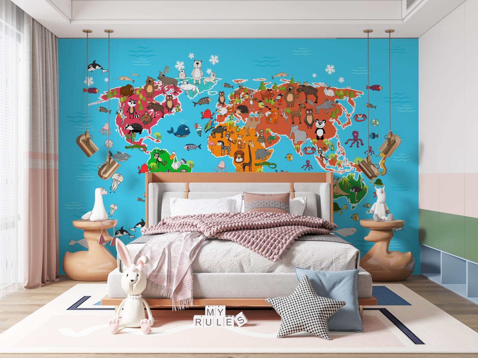 Фотошпалери велике розмаїття тварин на карті світу з яскравими деталями