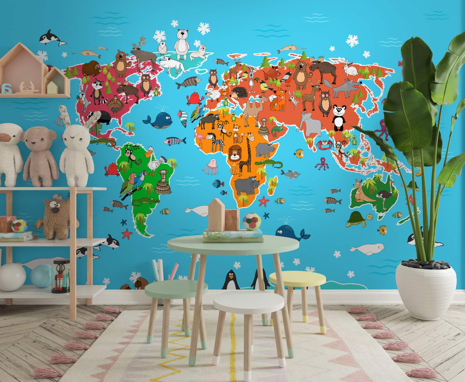 Фотошпалери велике розмаїття тварин на карті світу з яскравими деталями