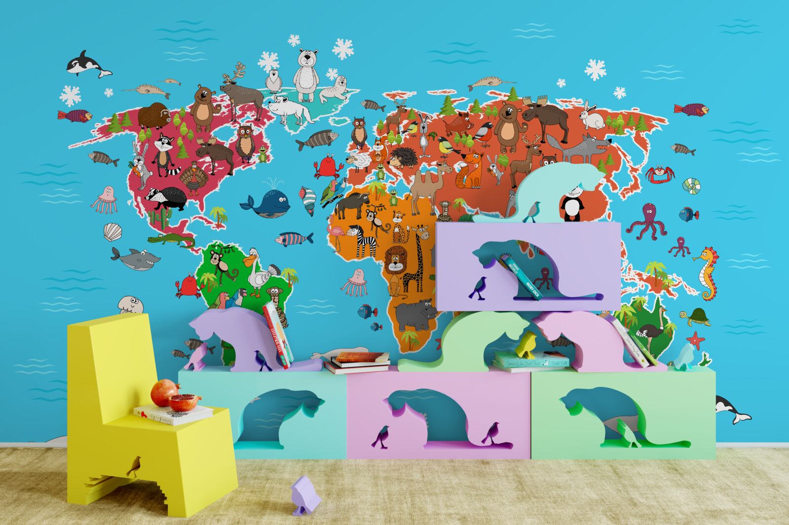 Фотошпалери велике розмаїття тварин на карті світу з яскравими деталями