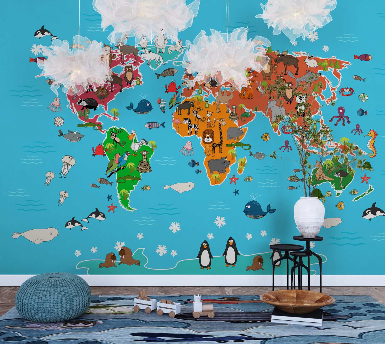 Фотошпалери велике розмаїття тварин на карті світу з яскравими деталями