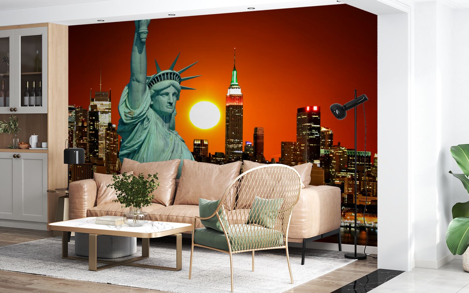 Фотошпалери захід сонця освітлює статую свободи