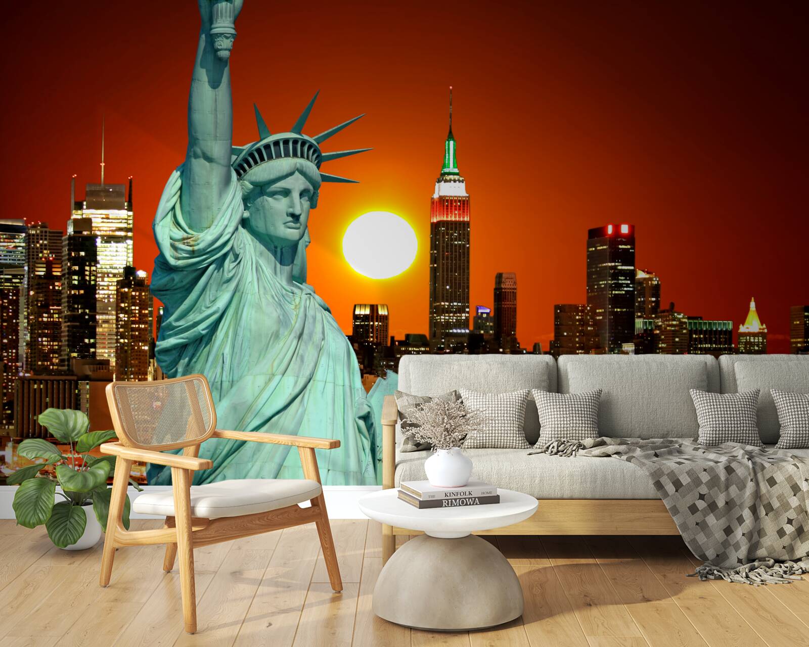 Фотошпалери захід сонця освітлює статую свободи