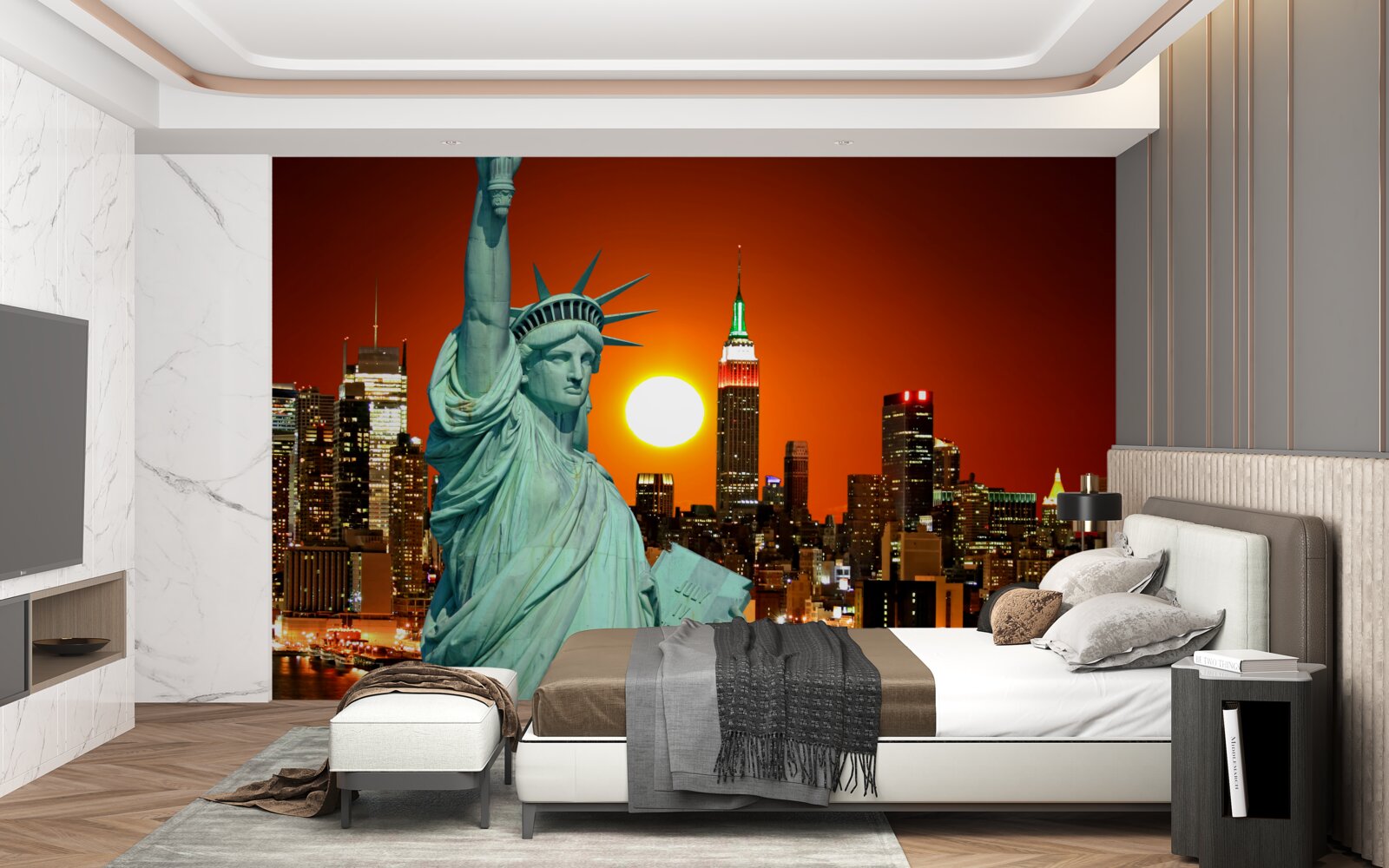 Фотошпалери захід сонця освітлює статую свободи