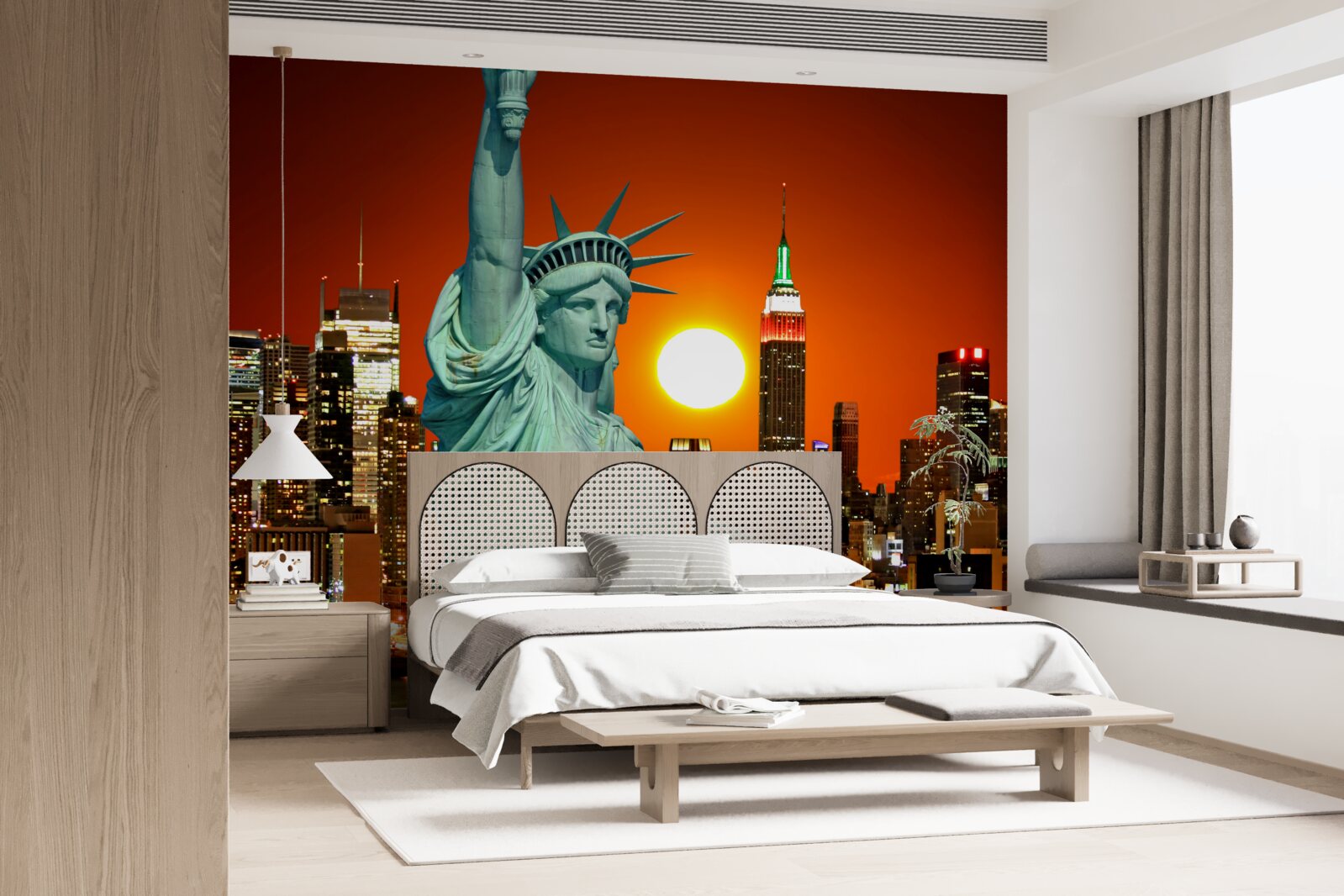 Фотошпалери захід сонця освітлює статую свободи