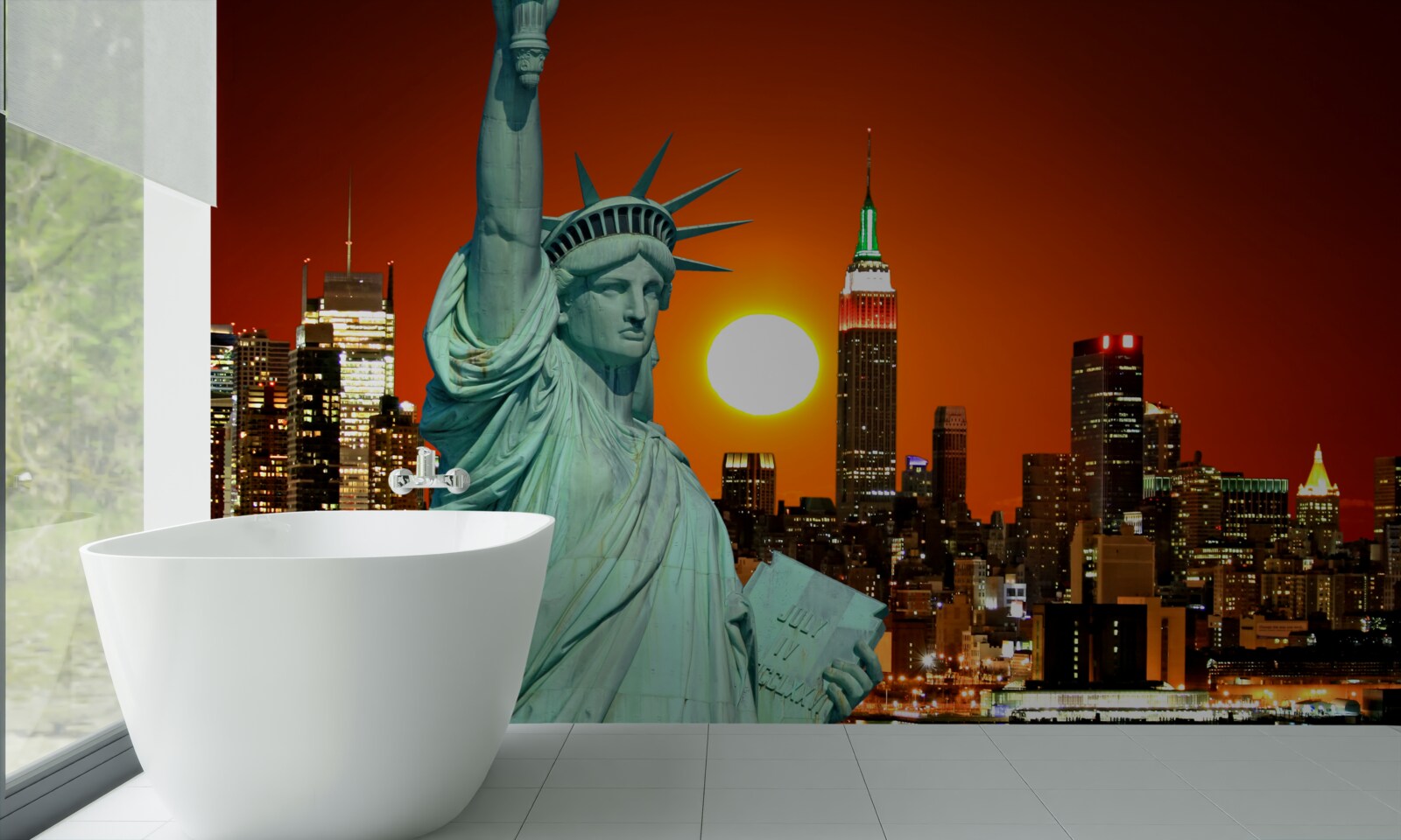 Фотошпалери захід сонця освітлює статую свободи