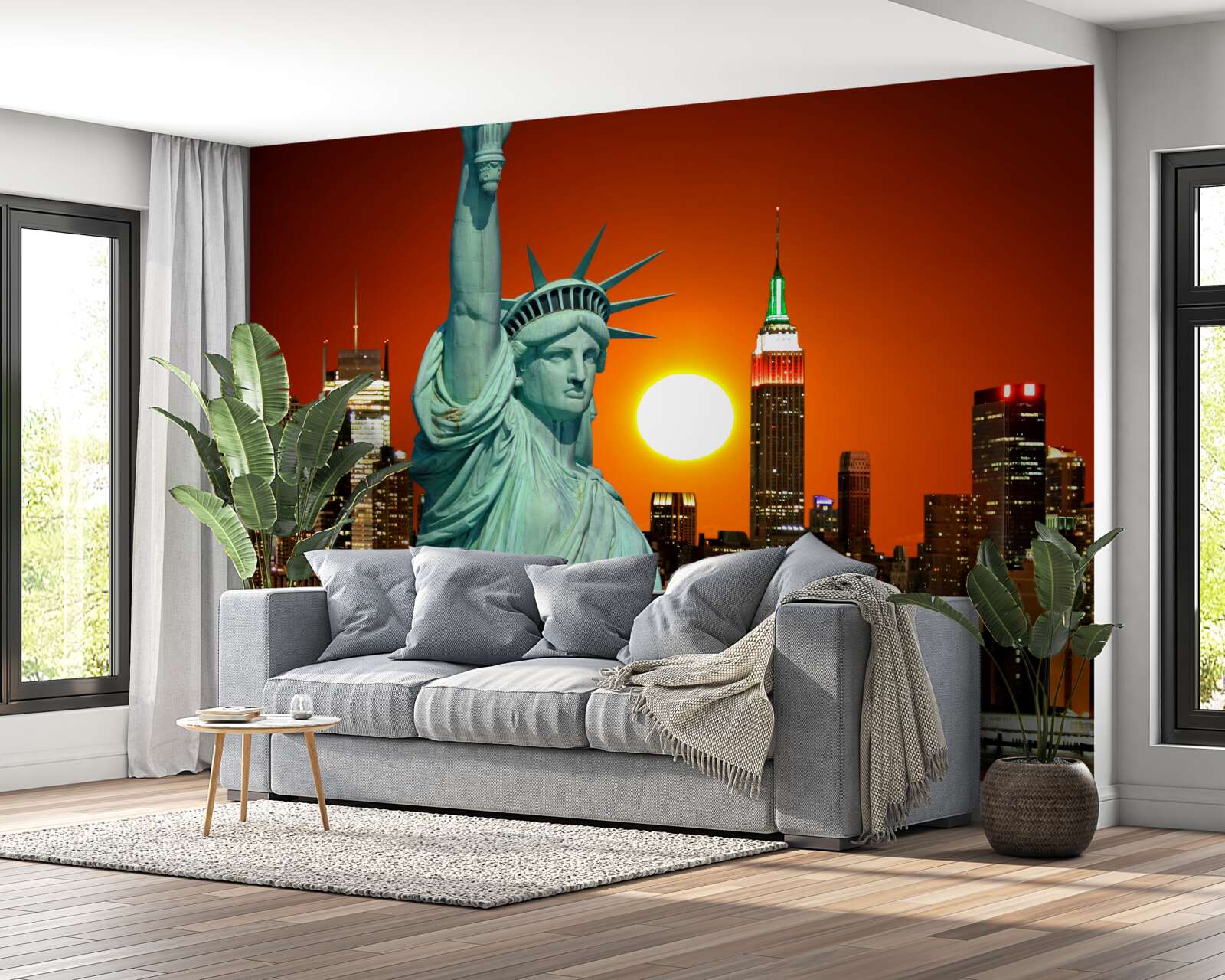 Фотошпалери захід сонця освітлює статую свободи