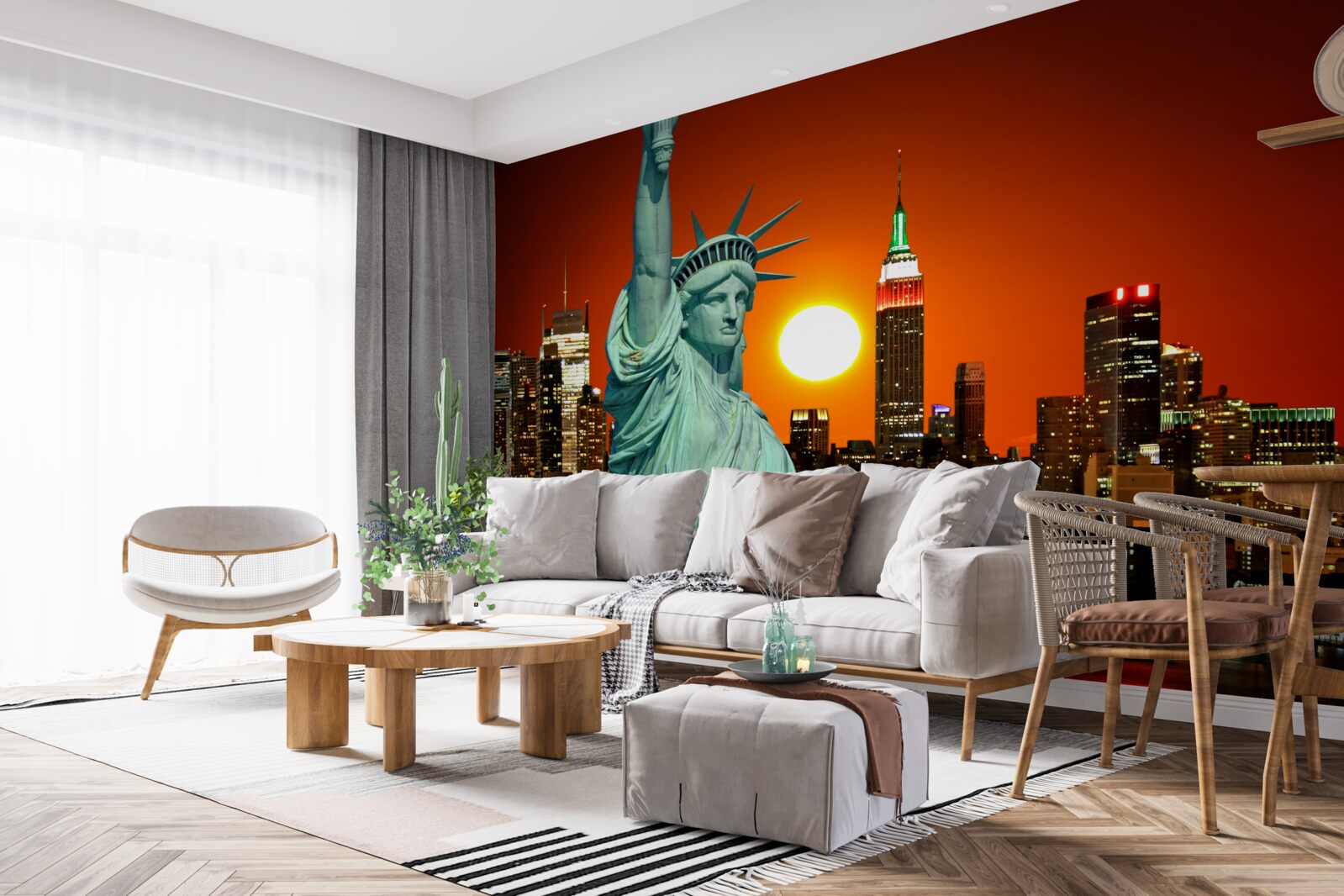 Фотошпалери захід сонця освітлює статую свободи