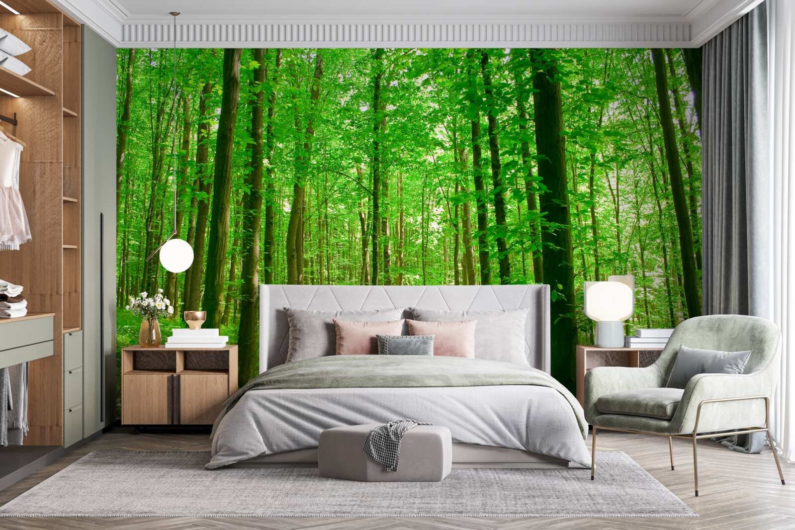 Фотошпалери негустий літній ліс з листяними деревами