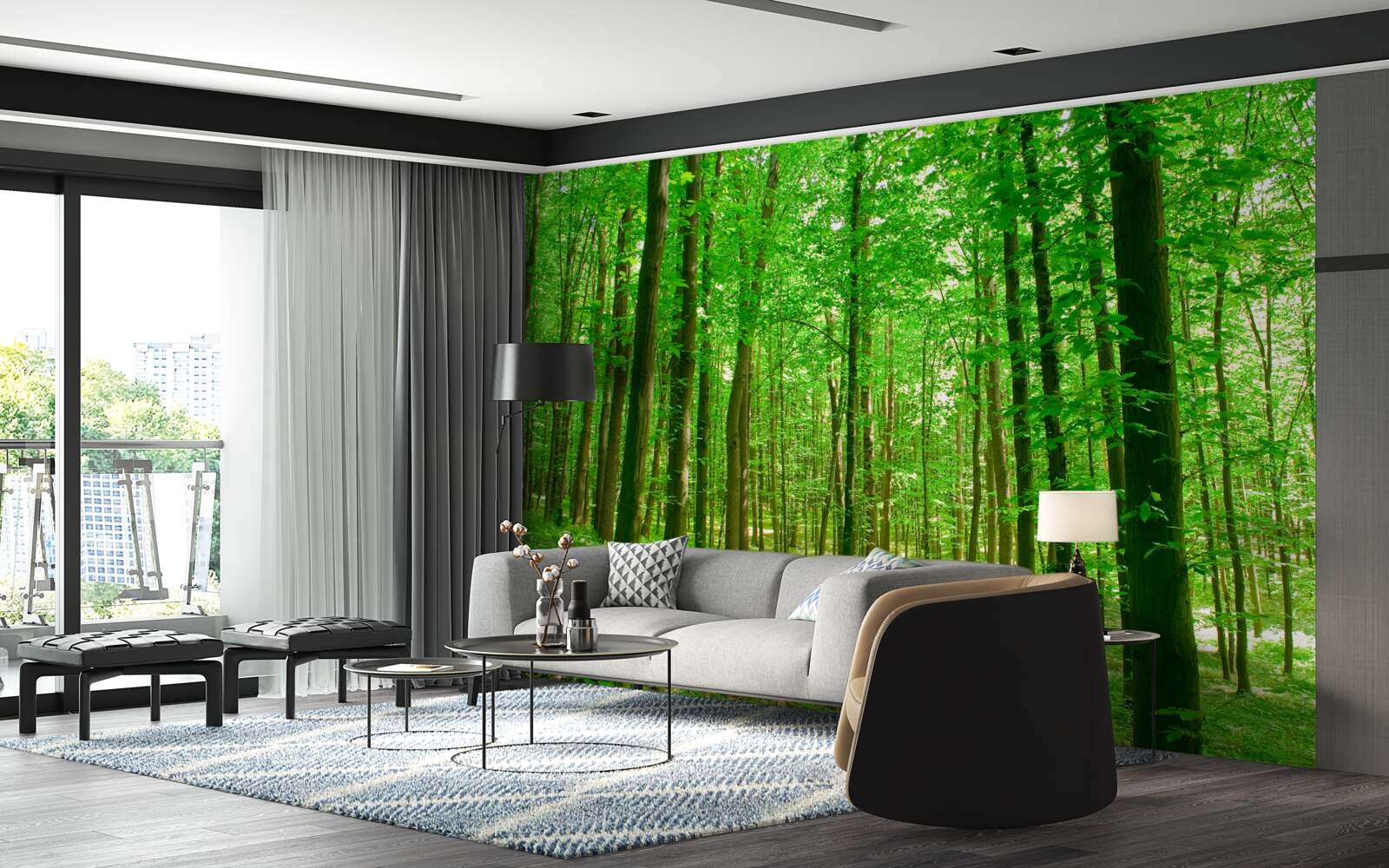 Фотошпалери негустий літній ліс з листяними деревами