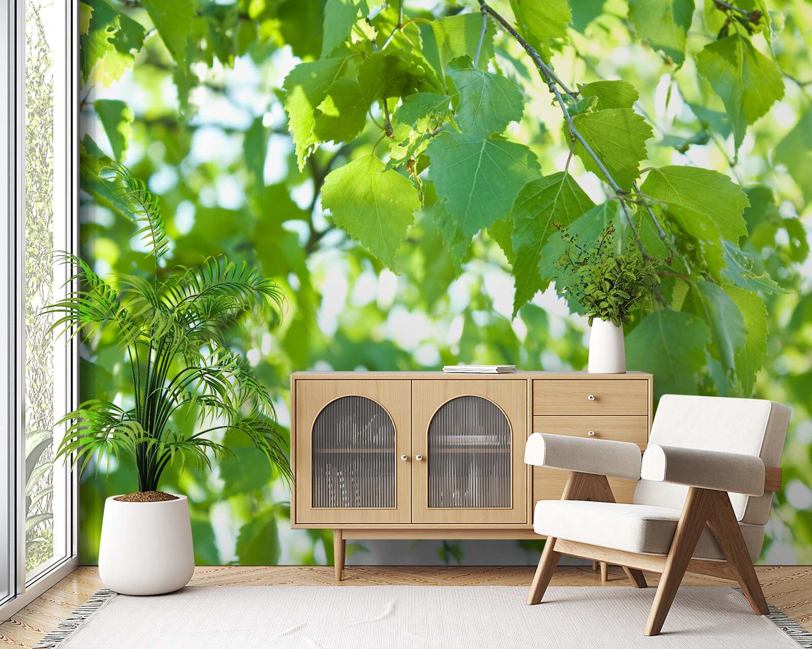 Фотошпалери березове листя на тлі блакитного неба