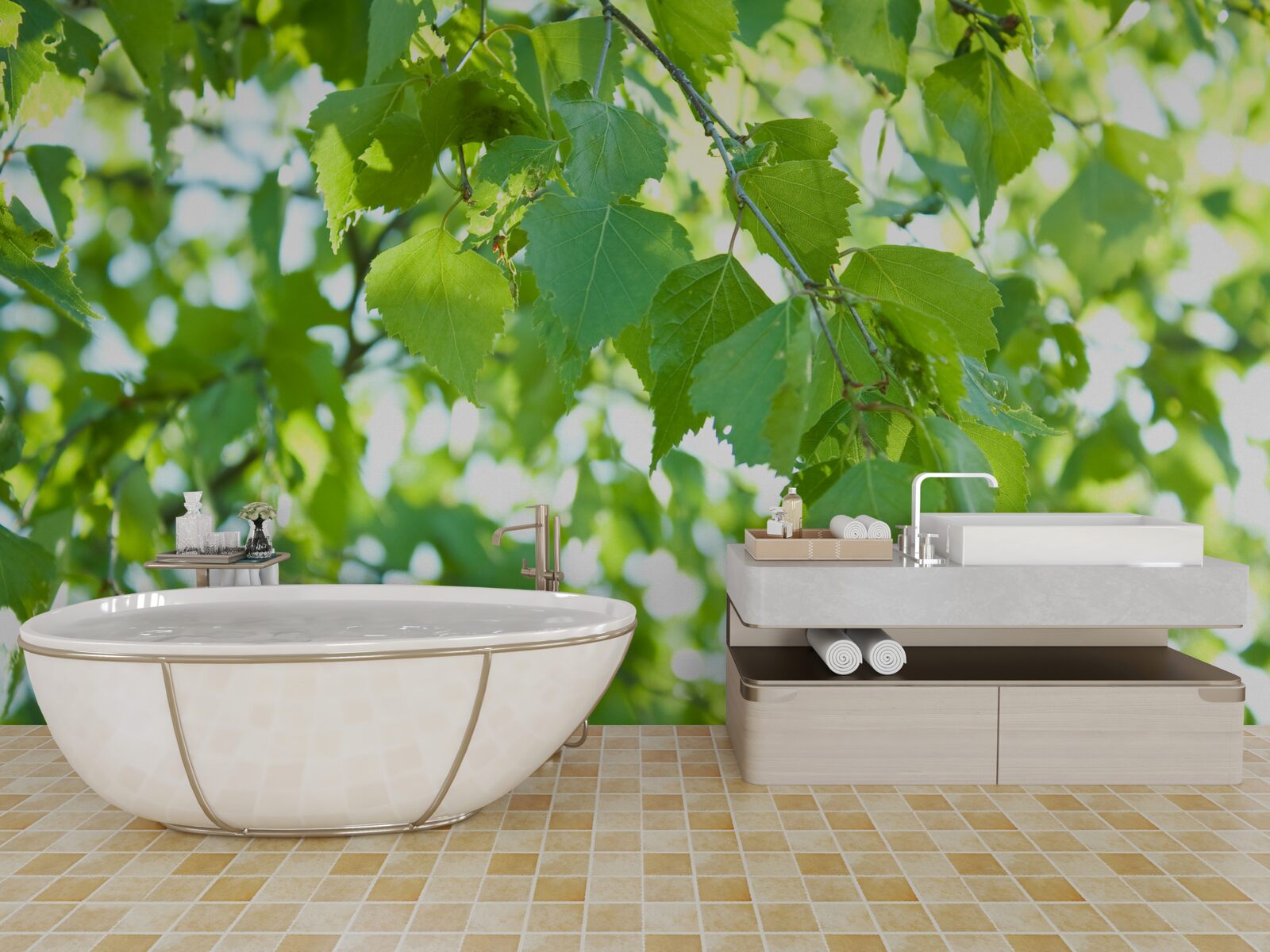 Фотошпалери березове листя на тлі блакитного неба