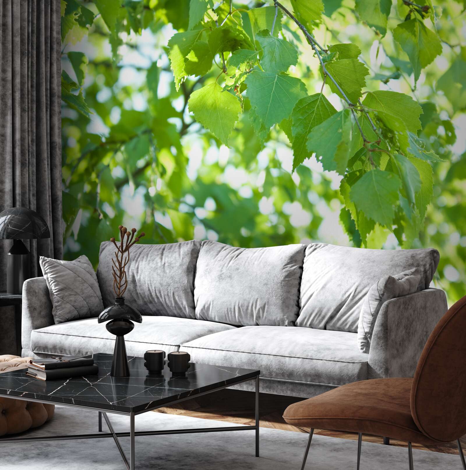 Фотошпалери березове листя на тлі блакитного неба