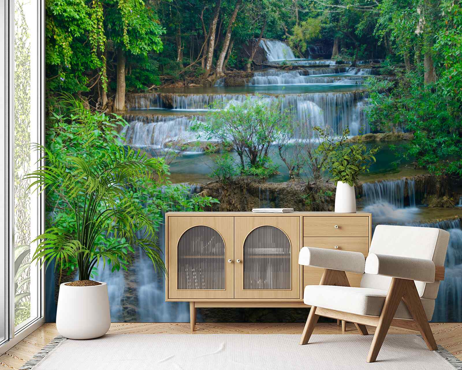 Фотошпалери водоспади, що велично падають у струмки в лісі, утворюють каскад