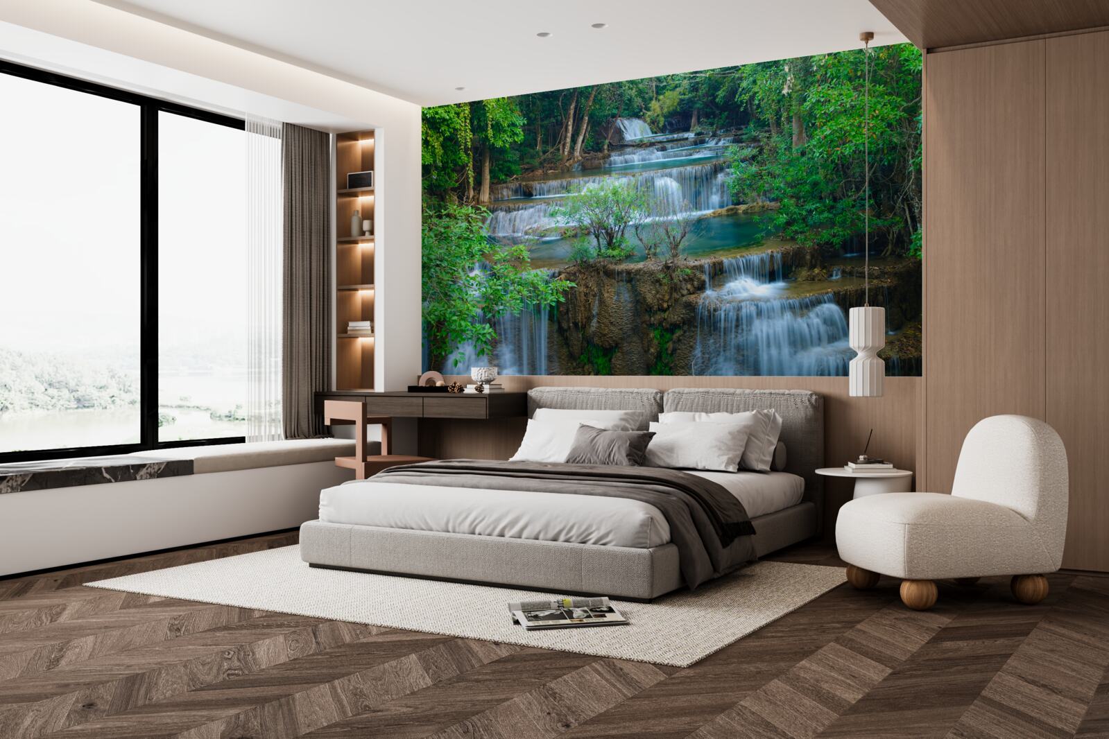 Фотошпалери водоспади, що велично падають у струмки в лісі, утворюють каскад