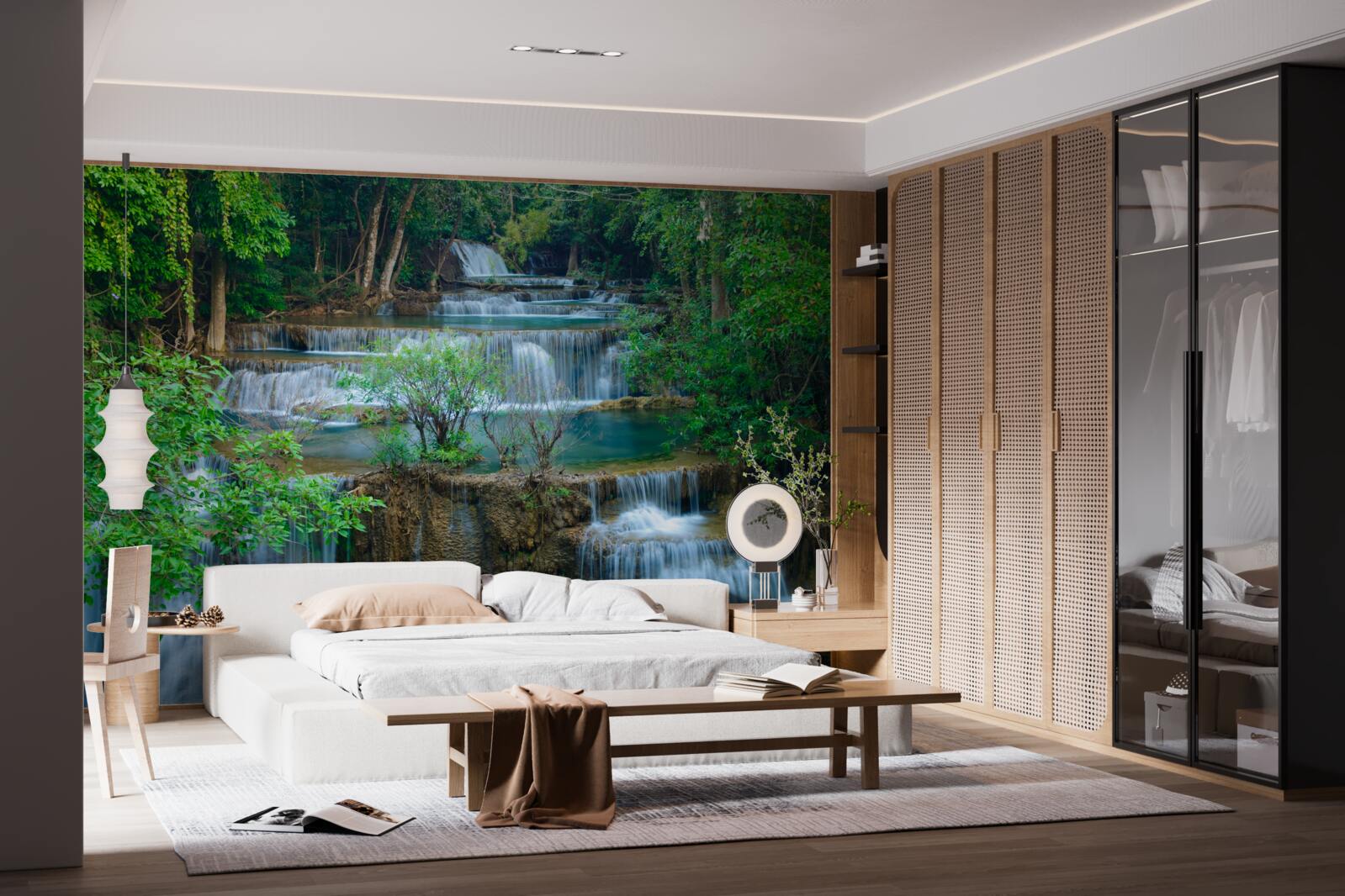 Фотошпалери водоспади, що велично падають у струмки в лісі, утворюють каскад