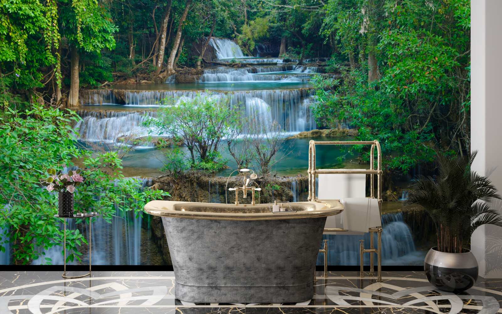 Фотошпалери водоспади, що велично падають у струмки в лісі, утворюють каскад