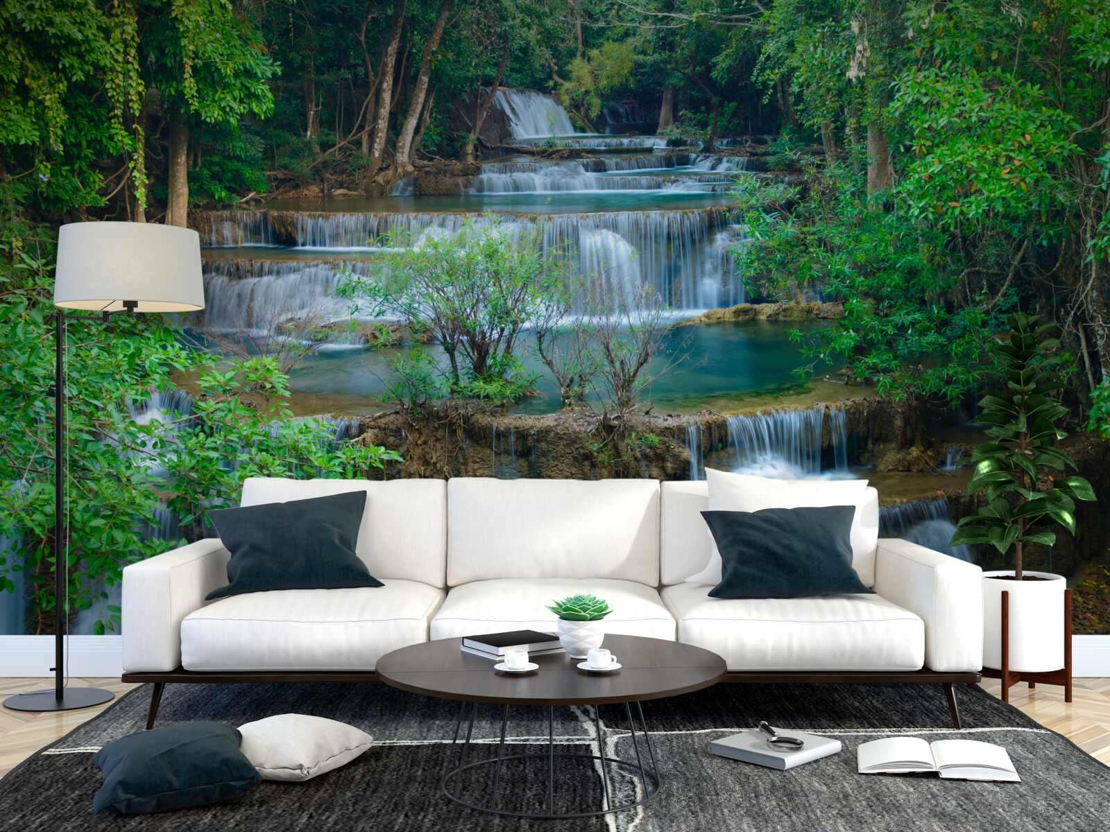 Фотошпалери водоспади, що велично падають у струмки в лісі, утворюють каскад