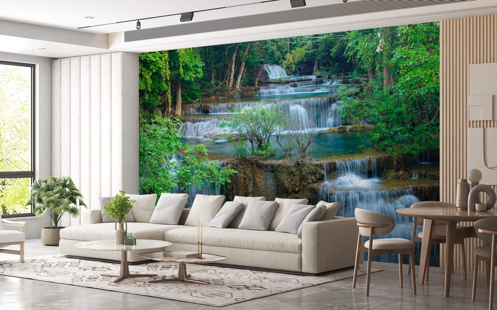 Фотошпалери водоспади, що велично падають у струмки в лісі, утворюють каскад